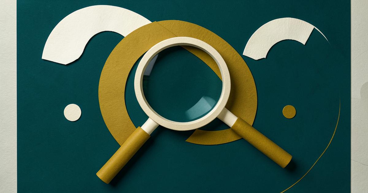 Ilustração editorial com lupa e formas de papel representando intenção de busca